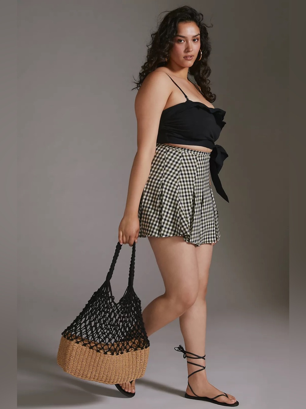 Maeve Olive and Black Gingham Pleated Skirt